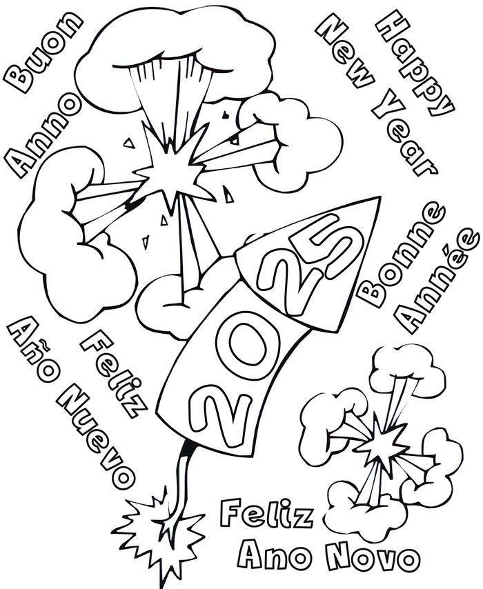 dessin avec des feux d’artifice crépitants et des vœux de bonne année dans différentes langues