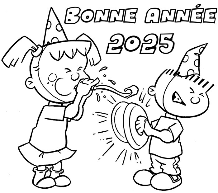 Coloriage avec l’image de deux enfants célébrant l’arrivée de la nouvelle année