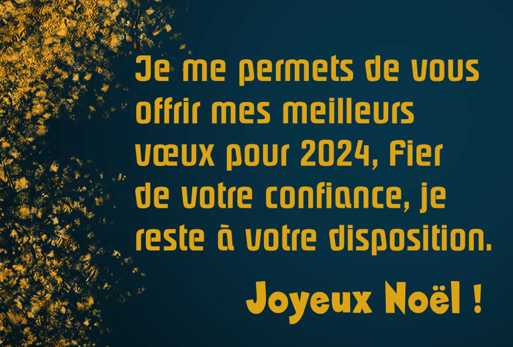 Image avec texte : Je me permets de vous offrir mes meilleurs vœux pour 2025, fier de votre confiance, je reste à votre disposition. Joyeux Noël!