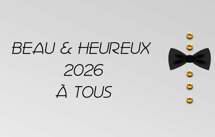 Image élégante avec noeud papillon, boutons dorés et inscription de voeux : beau et heureux 2027 a tous.