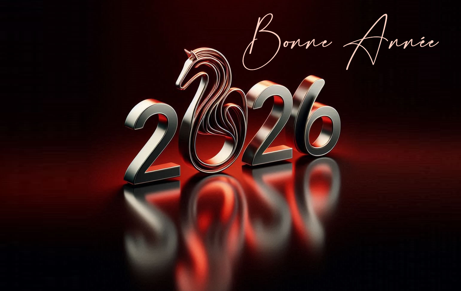 Image un grand texte 3D 2026 avec un Cheval assis devant les chiffres