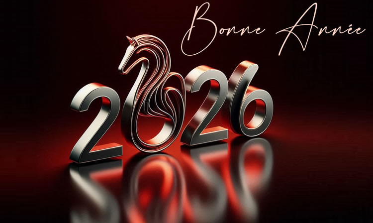 un grand texte 3D 2026 avec un Cheval assis devant les chiffres