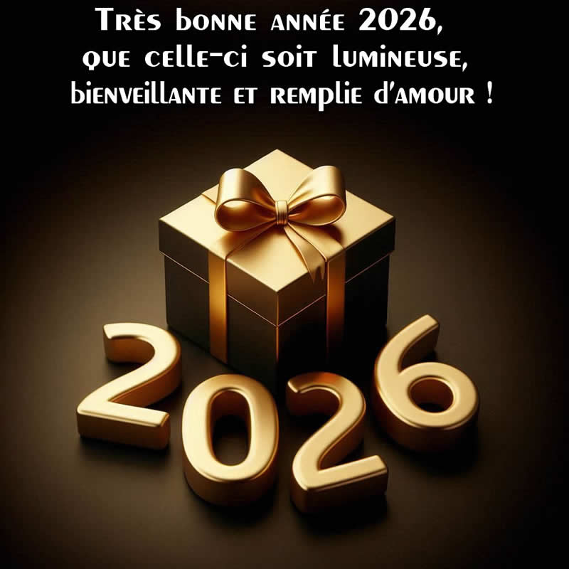 image avec des cadeaux emballés et un message de voeux de nouvel an : Très bonne année 2026, que celle-ci soit lumineuse, bienveillante et remplie d’amour !
